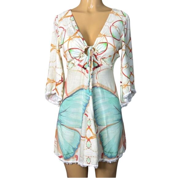 Farm Rio Butterfly Mini Dress Cropped Bell Sleeve V-Neck Size P Small - Picture 1 of 12